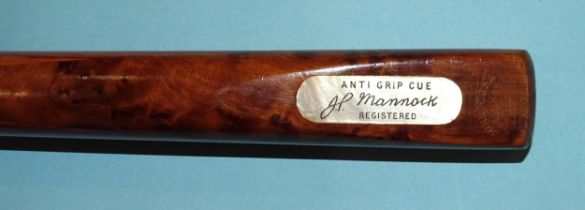 A JP Mannock Anti-Grip cue, 58'' long, 17½oz weight, with horn ferrule and mother of pearl badge, in