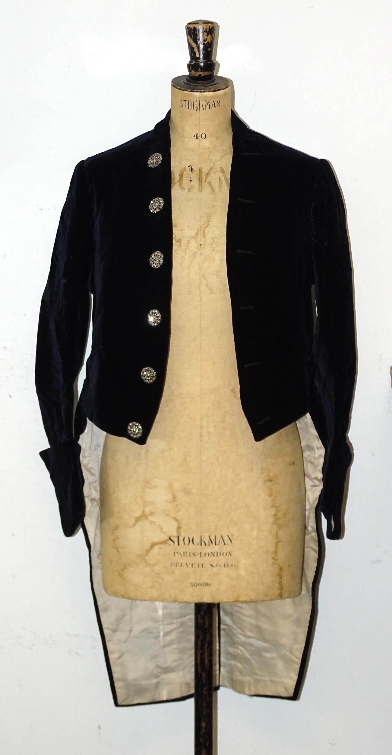 A gentleman's court dress midnight blue velvet tail coat with ivory silk lining and ten cut-steel