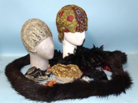 A 1920's American silver braid evening skull cap, a similar embroidered and beaded cap, two later