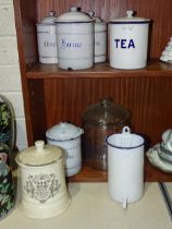 Four French enamel cannisters and lids, 20cm high, two 'Farine', one 'Chicoree' and one 'Kava',