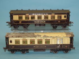 Hornby O gauge, c1930 No.2/3 Special Pullman Coach "Loraine", a later brake coach and "Arcadia", (