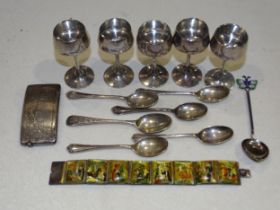 Six various silver teaspoons, ___2.3oz, five Chinese white metal liqueur tots, ___4.28oz, a