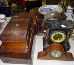 A marble case mantel clock, two other clocks, various unfitted wooden work boxes.