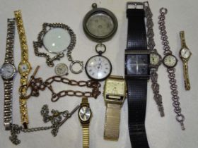 Two lady's silver-cased wrist watches, other watches, watch chains, etc.