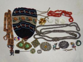 A bead sautoir, a bead purse, (lining a/f) and a quantity of vintage costume jewellery.