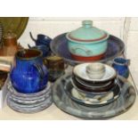 A collection of various studio pottery bowls, cups and saucers, jugs and other ceramics.