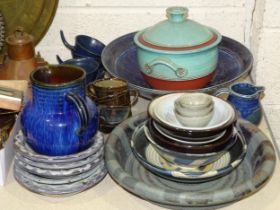 A collection of various studio pottery bowls, cups and saucers, jugs and other ceramics.