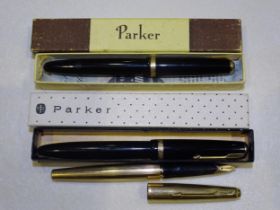 A Parker Duofold fountain pen, a Parker Maxima fountain pen, (both boxed) and a Parker rolled-gold