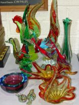 A collection of nine Murano glass bird ornaments, including two cockerels, together with two spill