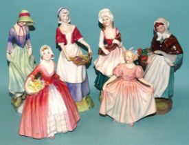 A collection of six Royal Doulton figurines: 'Lizzie' HN2749, 'Polly' HN3178, 'Dawn' HN3258, '