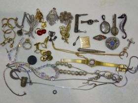 A banjo brooch, a diamanté seahorse brooch and other costume jewellery, watch, etc.