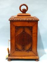 A Victorian oak collector's chest of square form, surmounted by turned wood ring handle, the