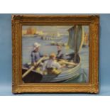 H H, 20th century THREE BOYS IN A BOAT IN A SUNLIT HARBOUR Oil on canvas, laid-down, 43 x 50cm.