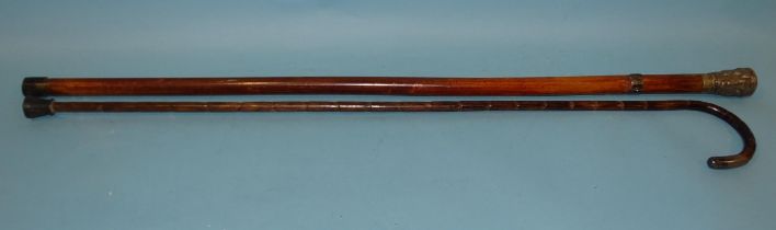 A walking cane with Indian white metal mounts and a silver-mounted walking stick, (2).
