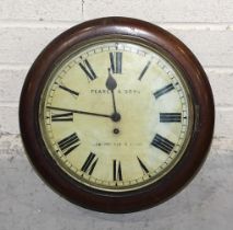 A mahogany-framed circular wall clock, the enamel dial marked Pearce & Sons, Huddersfield & Leeds,