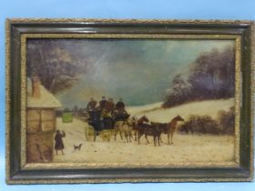 Philip H Rideout (1860-1920) A COACH AND FOUR HORSES OUTSIDE THE RISING SUN INN IN SNOW Signed oil