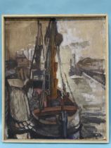 John V Owen (1928-2020) BOATS AT RUE HARBOUR Signed oil on board, inscribed on label verso, (oil