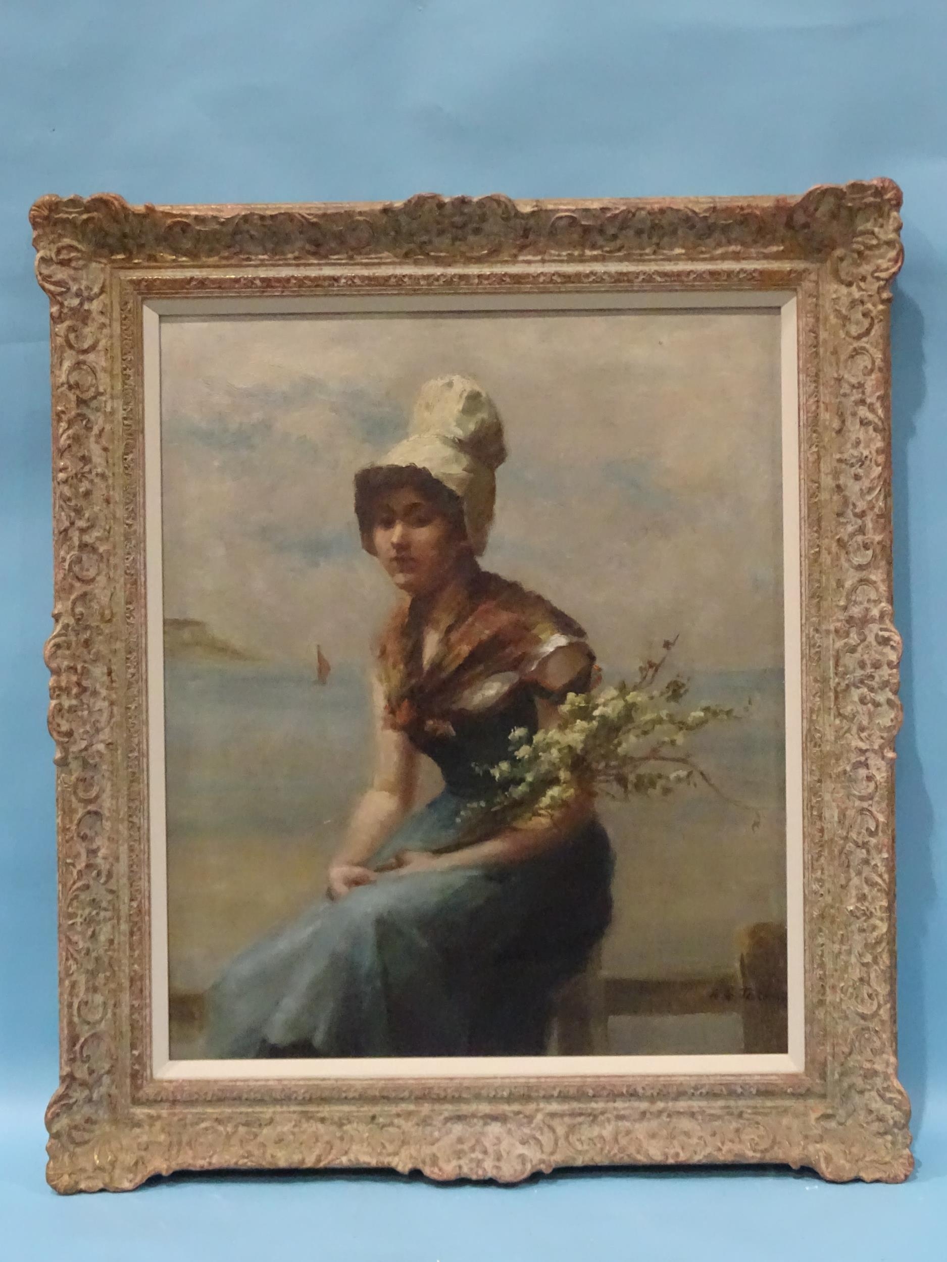 H S Jath**** PORTRAIT OF A YOUNG GIRL HOLDING A SPRAY OF FLOWERS, WITH COASTAL PORT BEHIND Signed