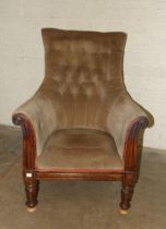 A William IV button-back upholstered library chair with short carved front legs, (castors