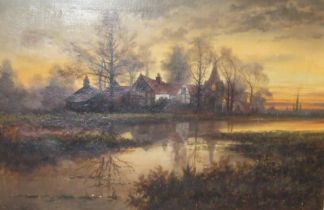 H Cole AUTUMNAL FLOOD AT EVENTIDE WITH COTTAGES AND A CHURCH Signed oil on canvas, dated 1874, 51