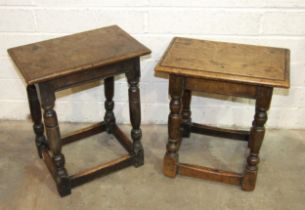Two antique oak joint stools, each rectangular top on splayed turned legs and stretchers, one 27 x
