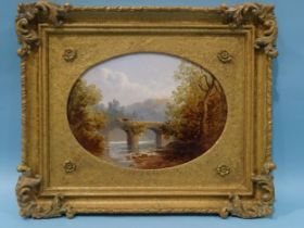 George Henry Jenkins (1843-1914) RIVER WITH FIGURE AND CATTLE ON A BRIDGE Signed oil on board, dated