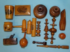 Four Mauchline ware items, including a thimble holder in the form of a saucepan and lid and other