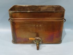 A vintage copper rectangular water tank fitted with two handles and tap with wooden handle, 39cm