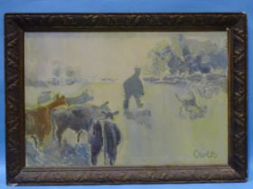 John V Owen (1928-2020) "MORNING", FARMER WITH SHEEP, DOG AND CATTLE Signed oil on board and