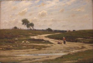 Reginald Aspinwall (1858-1921) FIGURES AND SHEEP ON A COUNTRY TRACK WITH COTTAGES BEHIND Signed oil