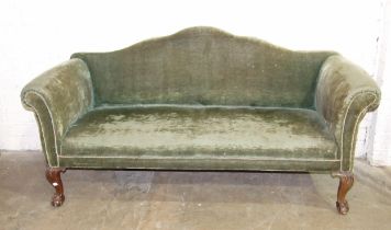 A Georgian-style upholstered settee with arched back, raised on short cabriole front legs, with claw
