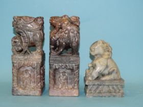 A pair of late-19th/early-20th century soapstone seals or printing blocks carved with temple dogs