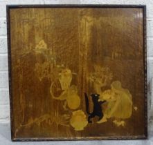 A Victorian framed marquetry panel "The Goblin Market", with label A J Rowley, The Rowley Gallery,