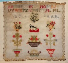 A 19th century needlework sampler depicting letters, numbers, flowers, plants, trees and a cat, (