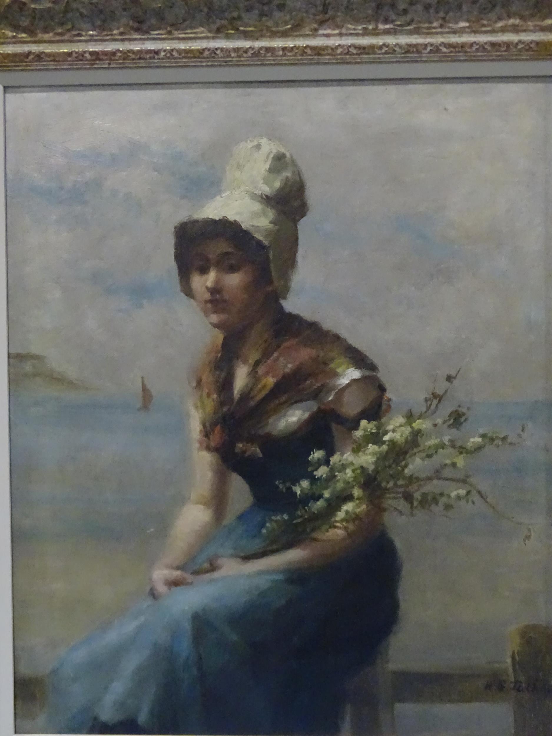 H S Jath**** PORTRAIT OF A YOUNG GIRL HOLDING A SPRAY OF FLOWERS, WITH COASTAL PORT BEHIND Signed - Image 2 of 5