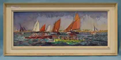 John V Owen (1928-2020) CONCARNEAU REGATTA Signed oil on board, titled verso, 35 x 92cm.