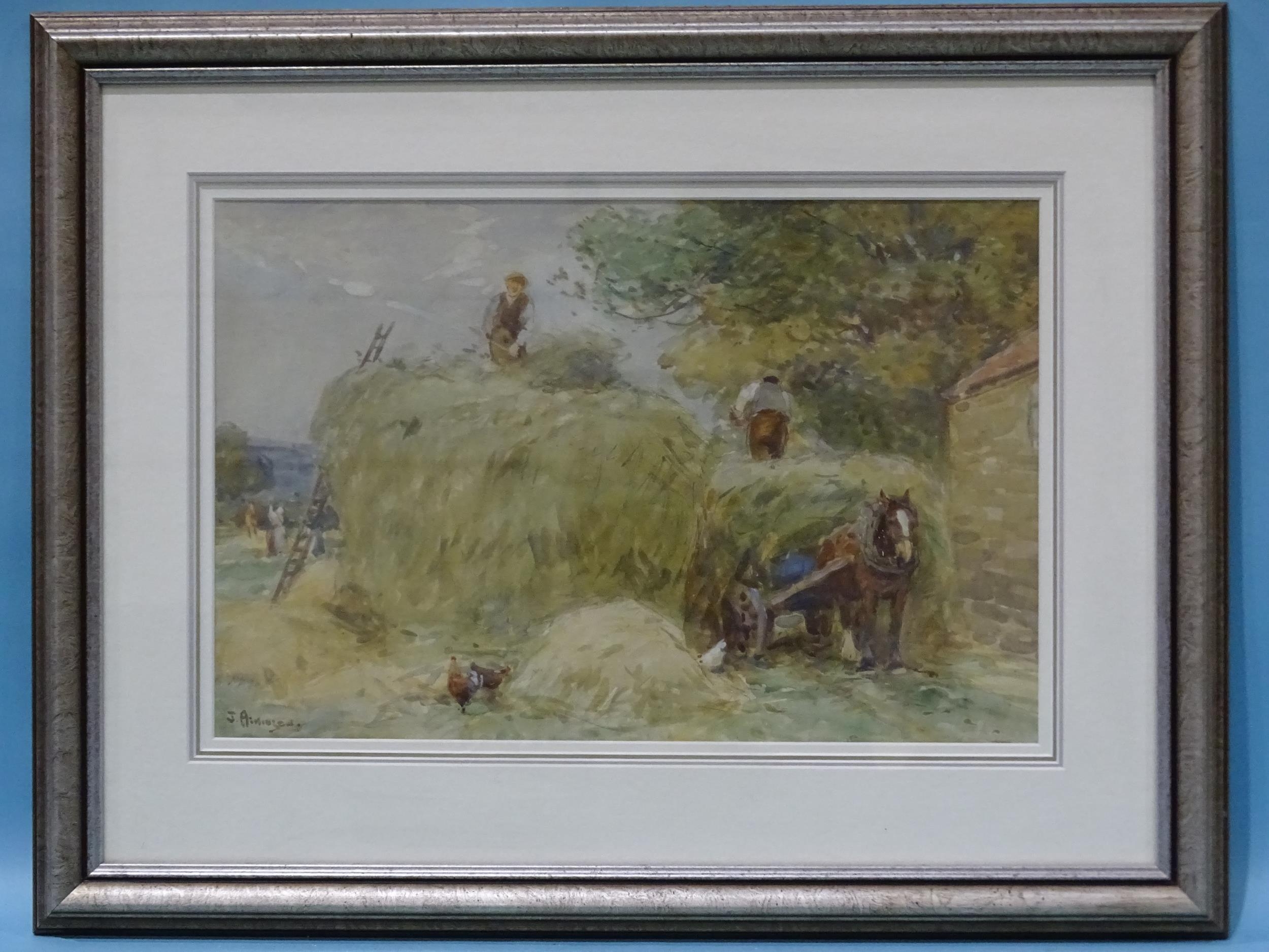 John Atkinson (1863-1924) FIGURES MAKING A HAYRICK IN A FARMYARD Signed watercolour, pencil and