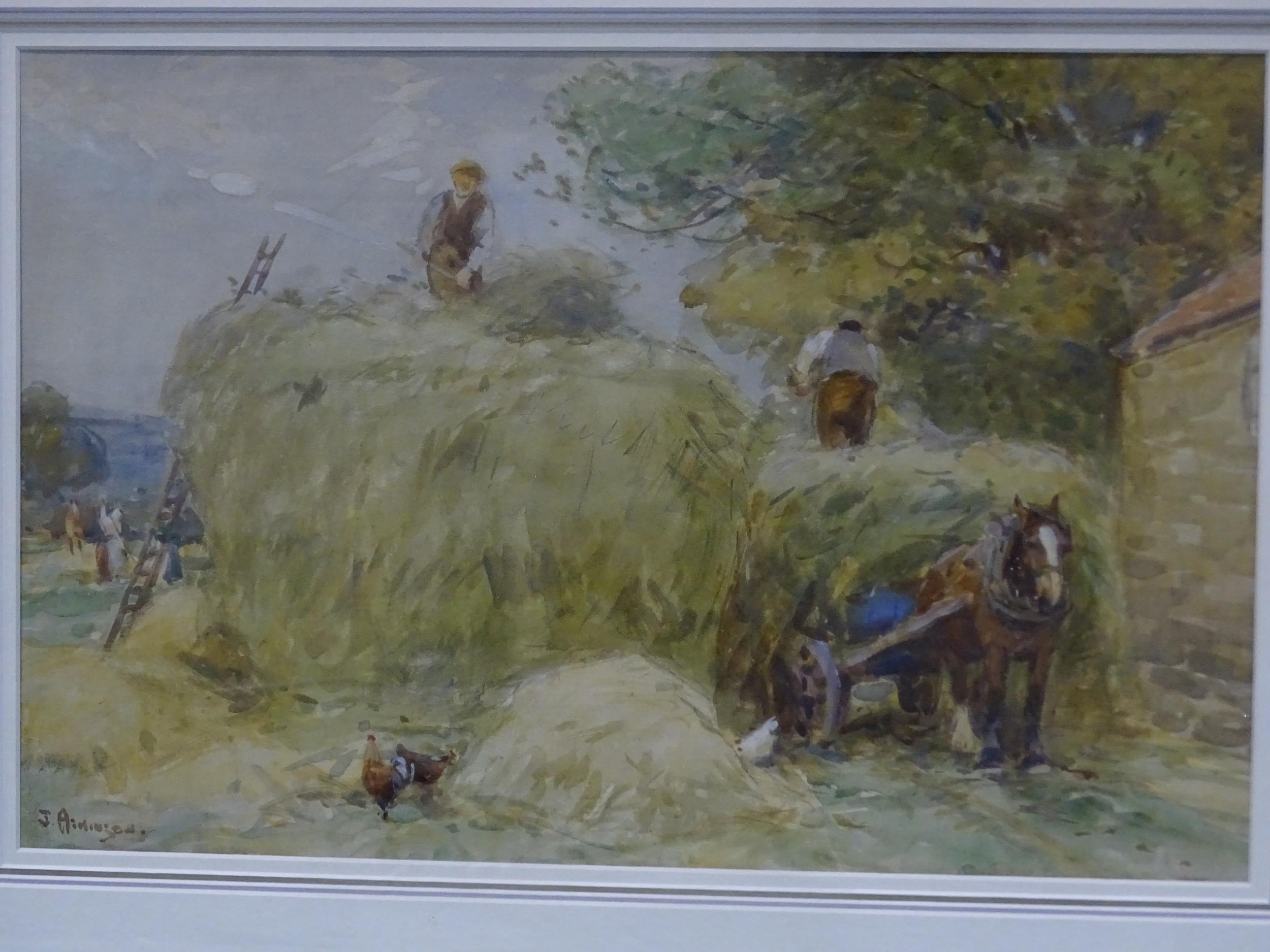 John Atkinson (1863-1924) FIGURES MAKING A HAYRICK IN A FARMYARD Signed watercolour, pencil and - Bild 2 aus 5