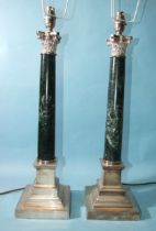 A pair of modern plated Corinthian-style table lamps, with green marble column and plated square