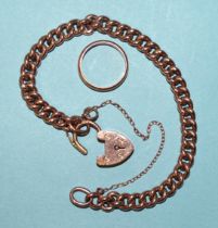A 9ct rose gold curb-link bracelet with padlock clasp and safety chain, 20cm and a 9ct gold
