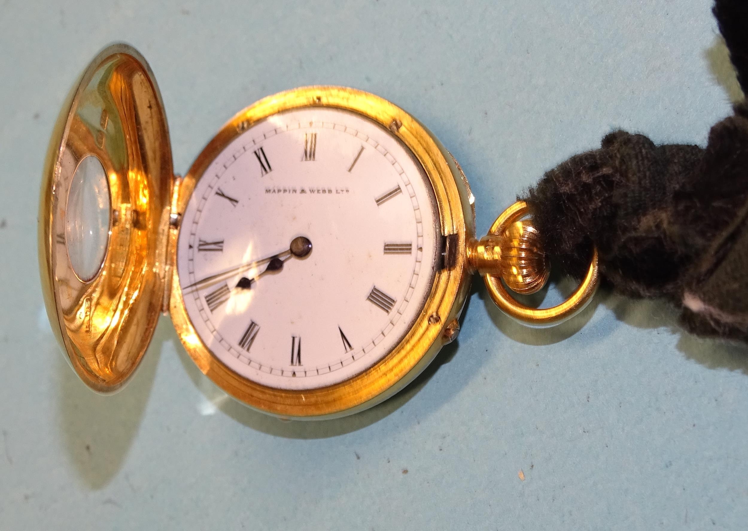 Mappin & Webb, a lady's 18ct gold half-hunter-cased keyless pocket watch, the signed white enamel - Image 2 of 4
