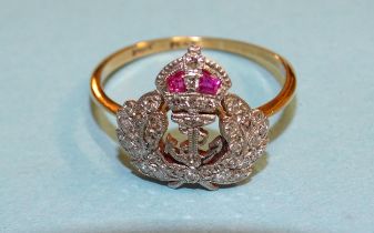 An Edwardian diamond and ruby-set Royal Navy sweetheart ring set two rubies and 8/8-cut diamond