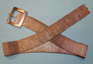 An unmarked white metal chain mail belt with plain rectangular buckle, 33mm wide, 74cm long, ___9.