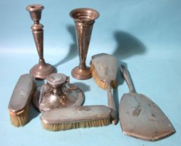 A loaded candlestick, a spill vase, capstan inkwell and various dressing table items, (all in need