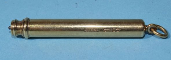 A 9ct gold propelling pencil by Sampson Mordan & Co, with suspension loop, engraved 20 April 1920,