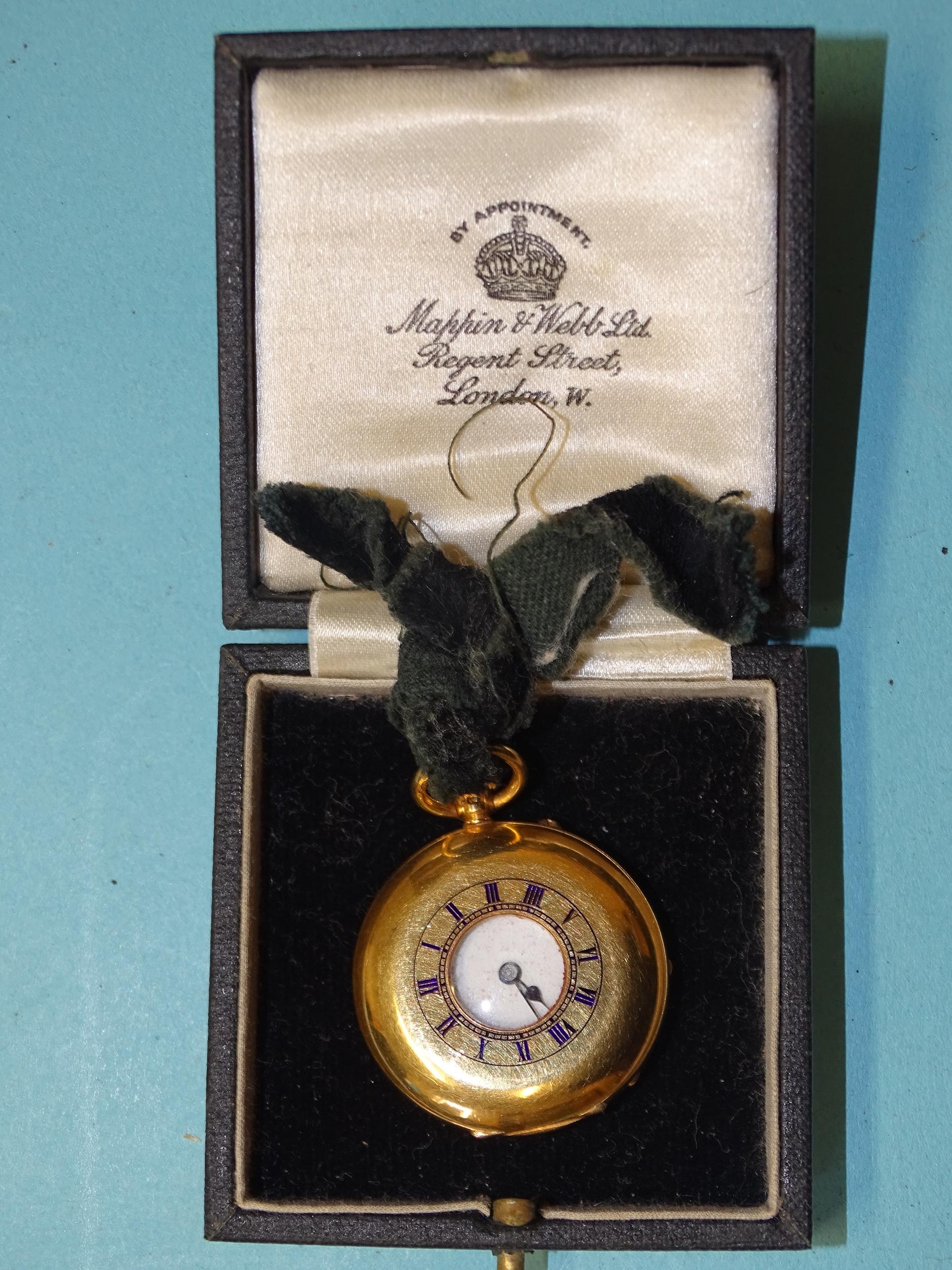 Mappin & Webb, a lady's 18ct gold half-hunter-cased keyless pocket watch, the signed white enamel