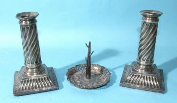 A pair of short loaded candlesticks with twist reed stems, on square bases, 14cm high, (marks