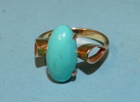 A 14ct gold ring set oval turquoise cabochon, size N, 3g.