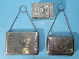 A lady's silver purse with etched decoration and monogram, on chain, 6 x 8cm, Birmingham 1920, a