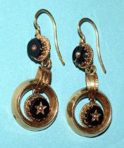 A pair of French yellow gold drop earrings, each with onyx and pearl rondel within a circular